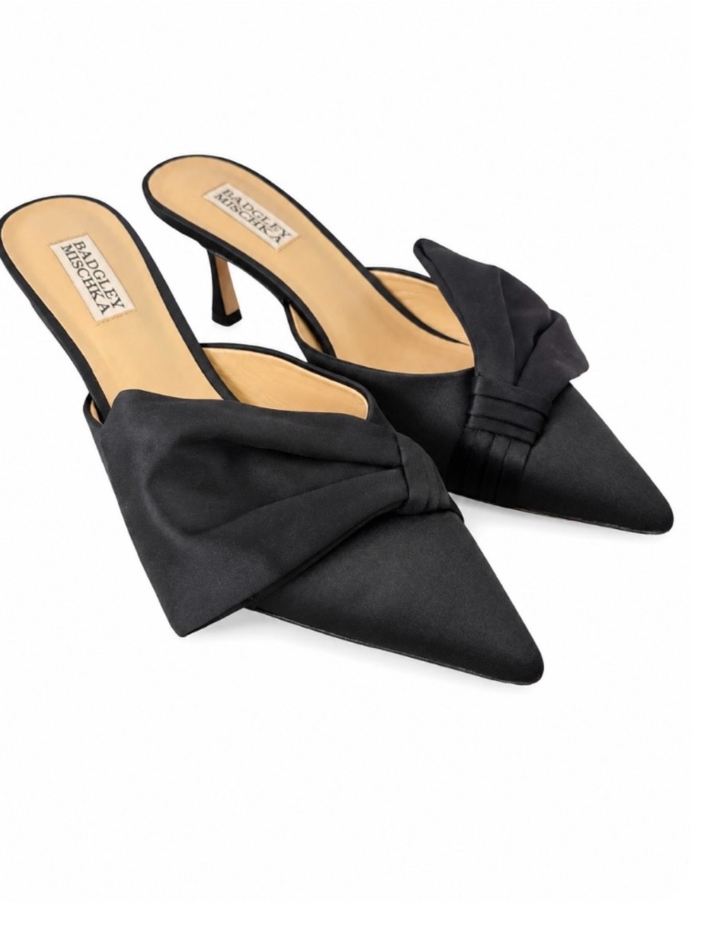 Badgley Mischka Alaya Black Satin Bow Pointed Toe Mules Kitten Heel Pumps, 8